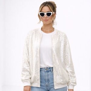 ZARA NEW WOMAN SEQUIN BOMBER JACKET CREAM SIZE MEDIUM, NEW WITH TAGS